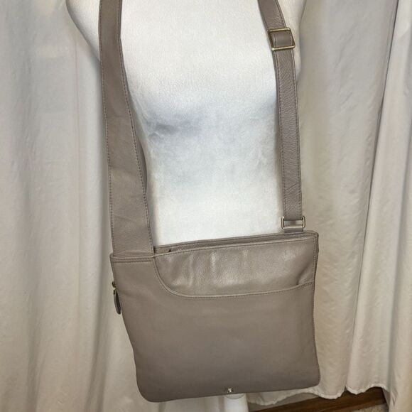 Radley London Beige Gray Leather Shoulder Bag Zip Top Crossbody Designer Purse - Picture 1 of 14